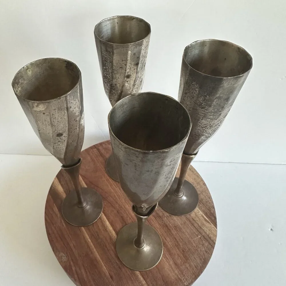 Set Of 4 Vintage Silver Plated&Brass? Stemmed‎ Tulip Champagne Toasting Flutes